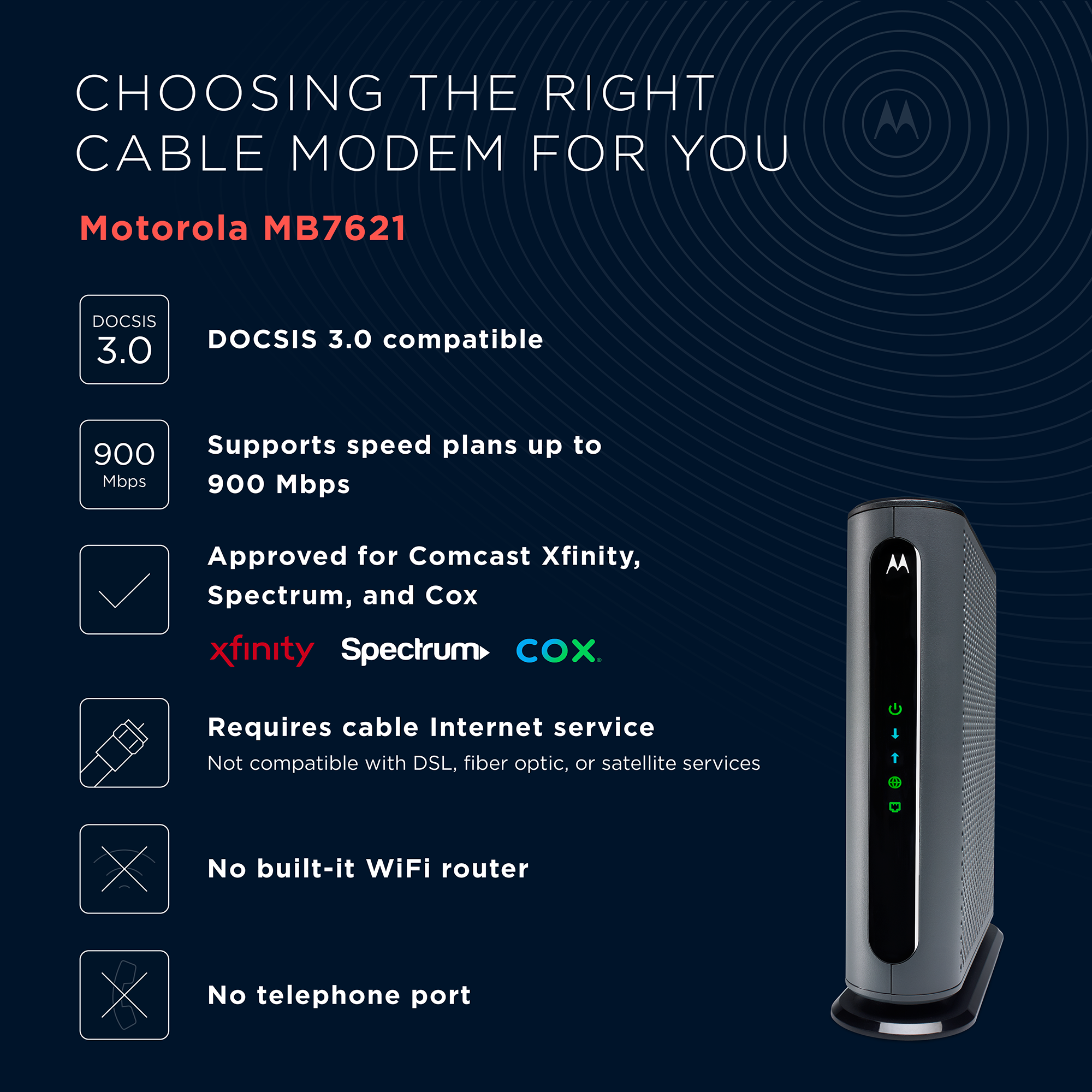 Motorola DOCSIS 3.0 24x8 Cable Modem, up to 830 Mbps speed | mb7621 - Refurbished