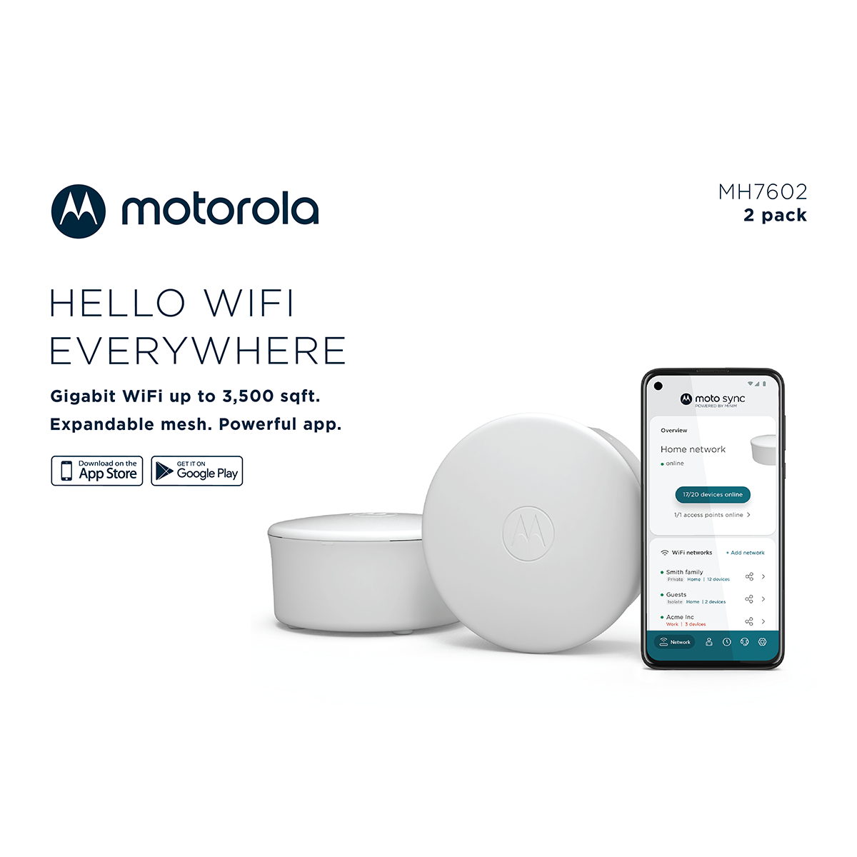 Motorola WiFi 6 Mesh Router System, 1.8 Gbps speed | mh7600