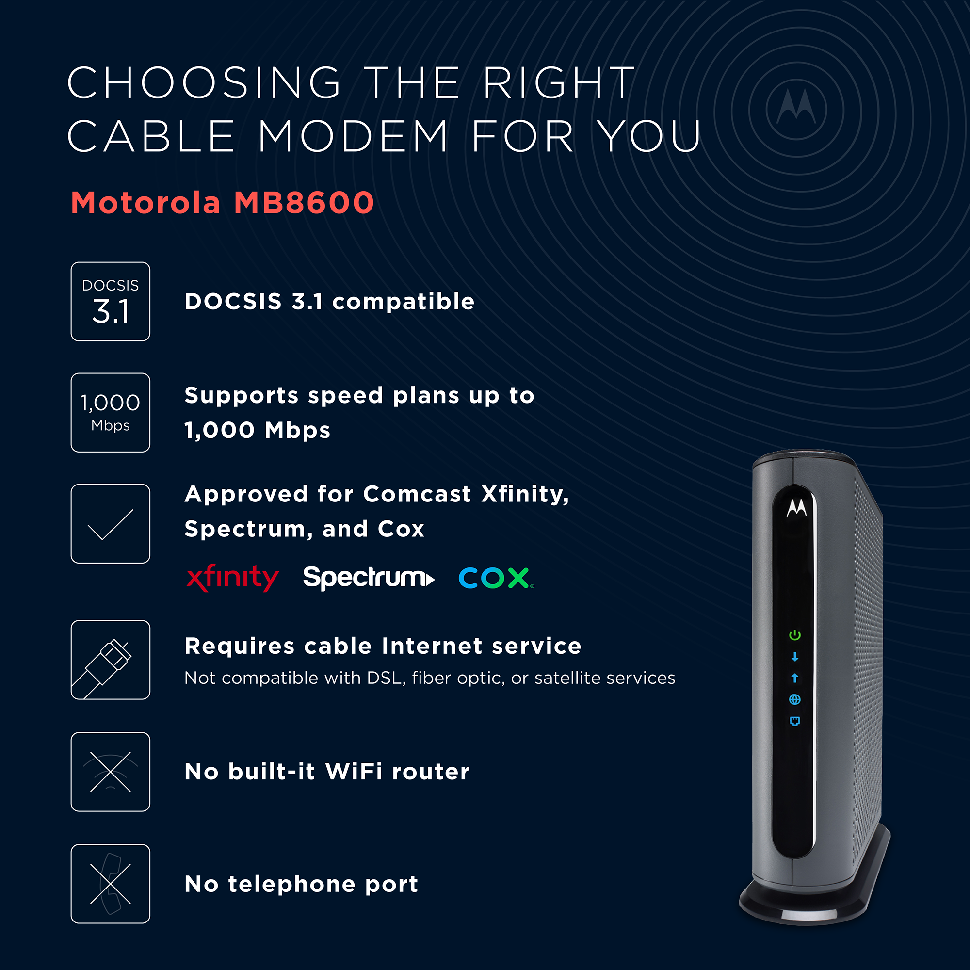 Motorola Gigabit Speed DOCSIS 3.1 Cable Modem | mb8600