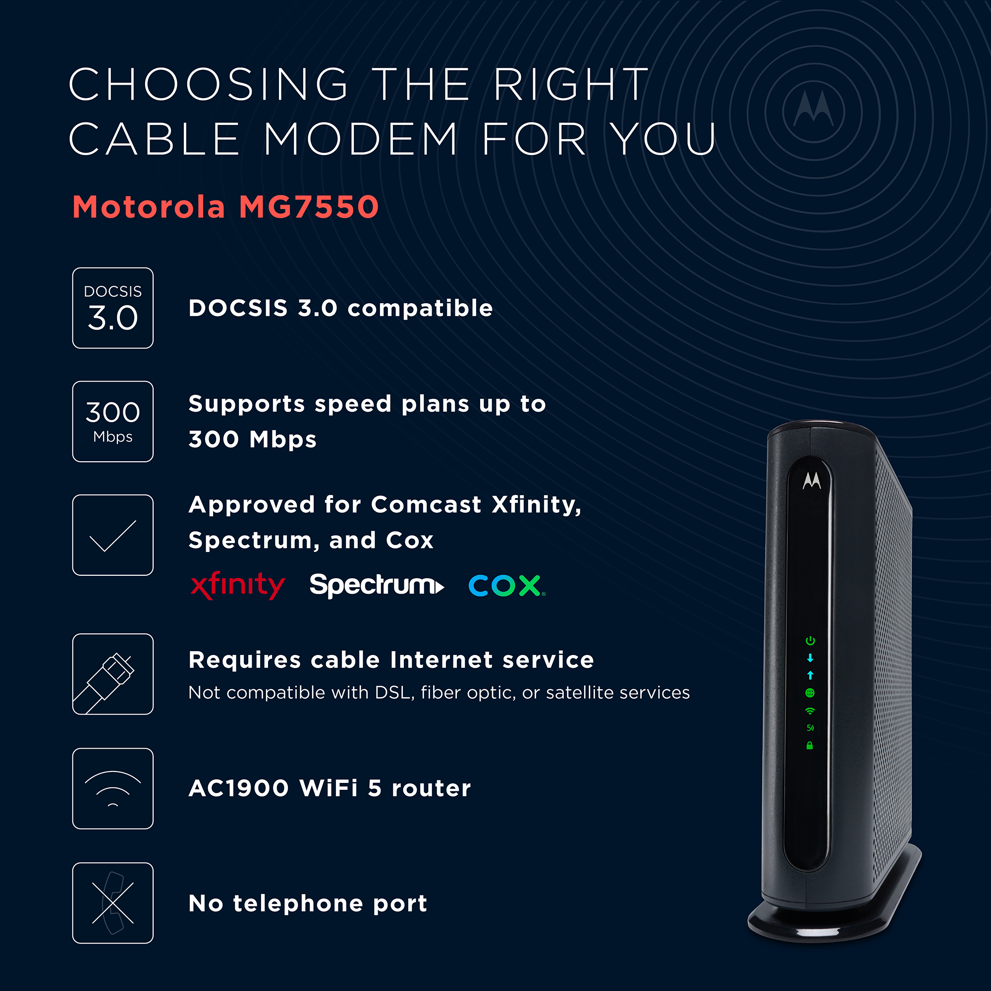 Motorola DOCSIS 3.0 Cable Modem + WiFi 5 Router, up to 560 Mbps speed | mg7550