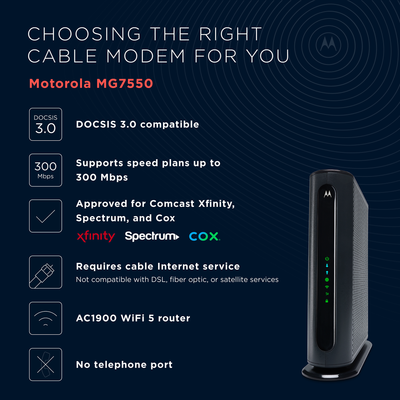 Motorola DOCSIS 3.0 Cable Modem + WiFi 5 Router, up to 560 Mbps speed | mg7550