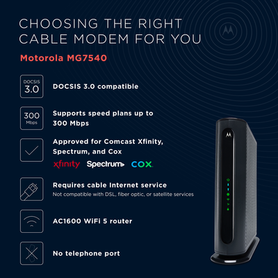 Motorola DOCSIS 3.0 Cable Modem + WiFi 5 Router, up to 550 Mbps speed | mg7540