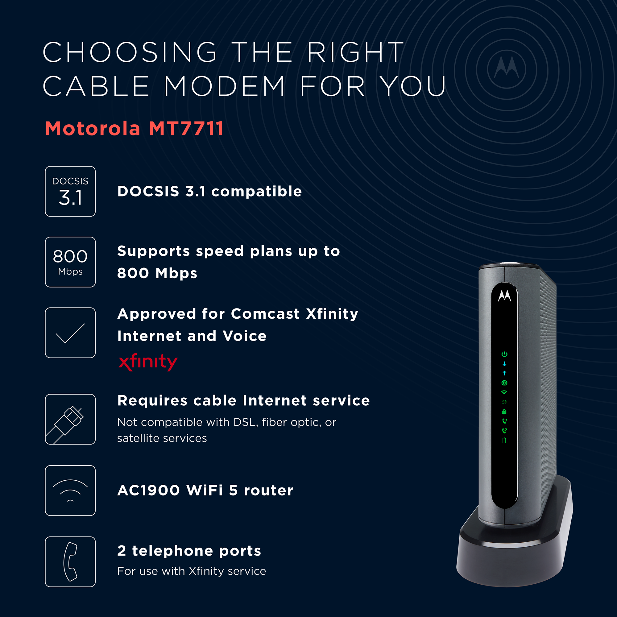 Motorola DOCSIS 3.0 Cable Modem + WiFi 5 Router with 2 Phone Lines for Xfinity Voice, 840 Mbps Speed | mt7711