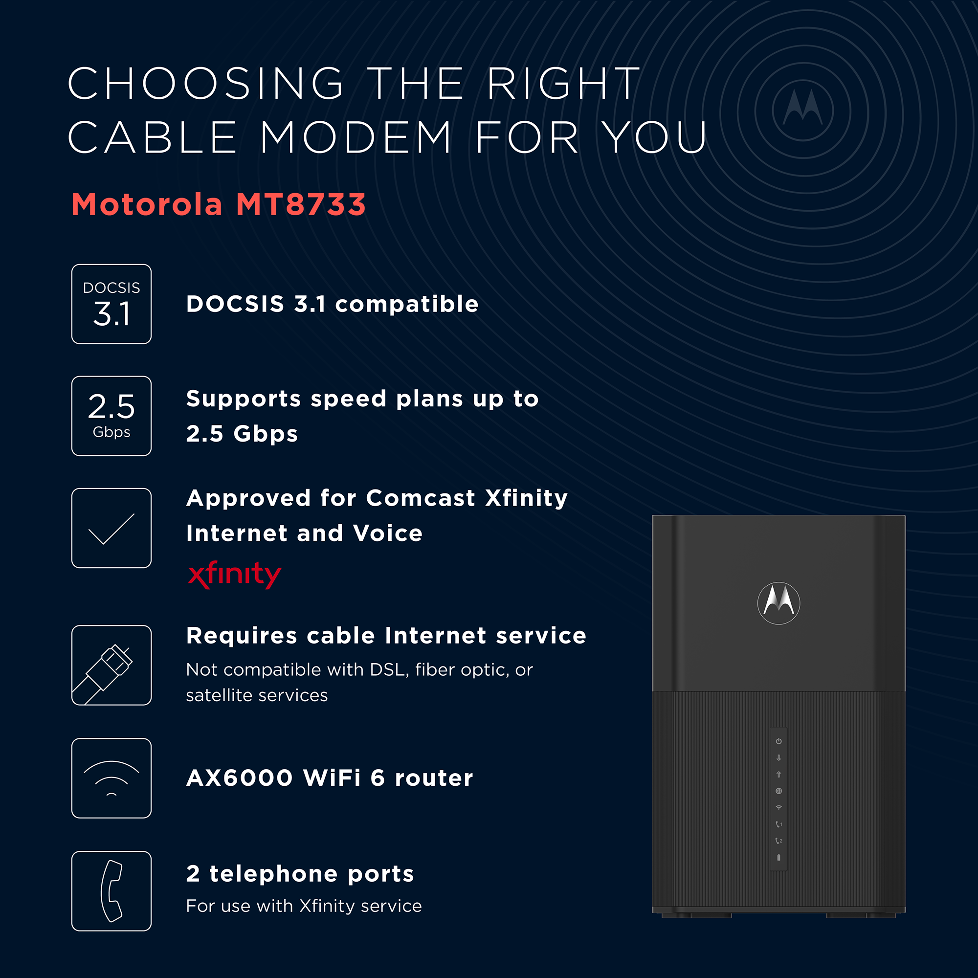 Motorola Multi-Gig Speed DOCSIS 3.1 Cable Modem + WiFi 6 Router with 2 Phone Lines for Xfinity Voice  | mt8733