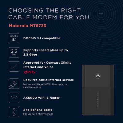 Motorola Multi-Gig Speed DOCSIS 3.1 Cable Modem + WiFi 6 Router with 2 Phone Lines for Xfinity Voice  | mt8733