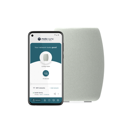 Motorola Q14 mesh router/extender device standing along with a smartphone showing the motosync app
