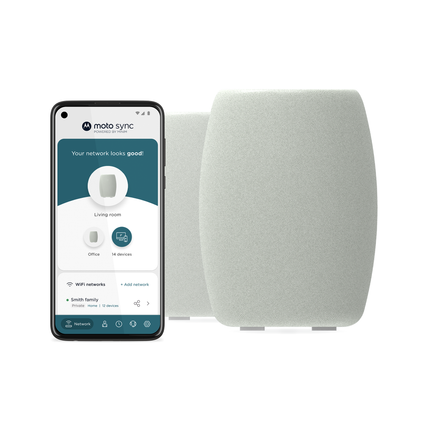 Two Motorola Q14 mesh router/extender devices standing along with a smartphone showing the motosync app