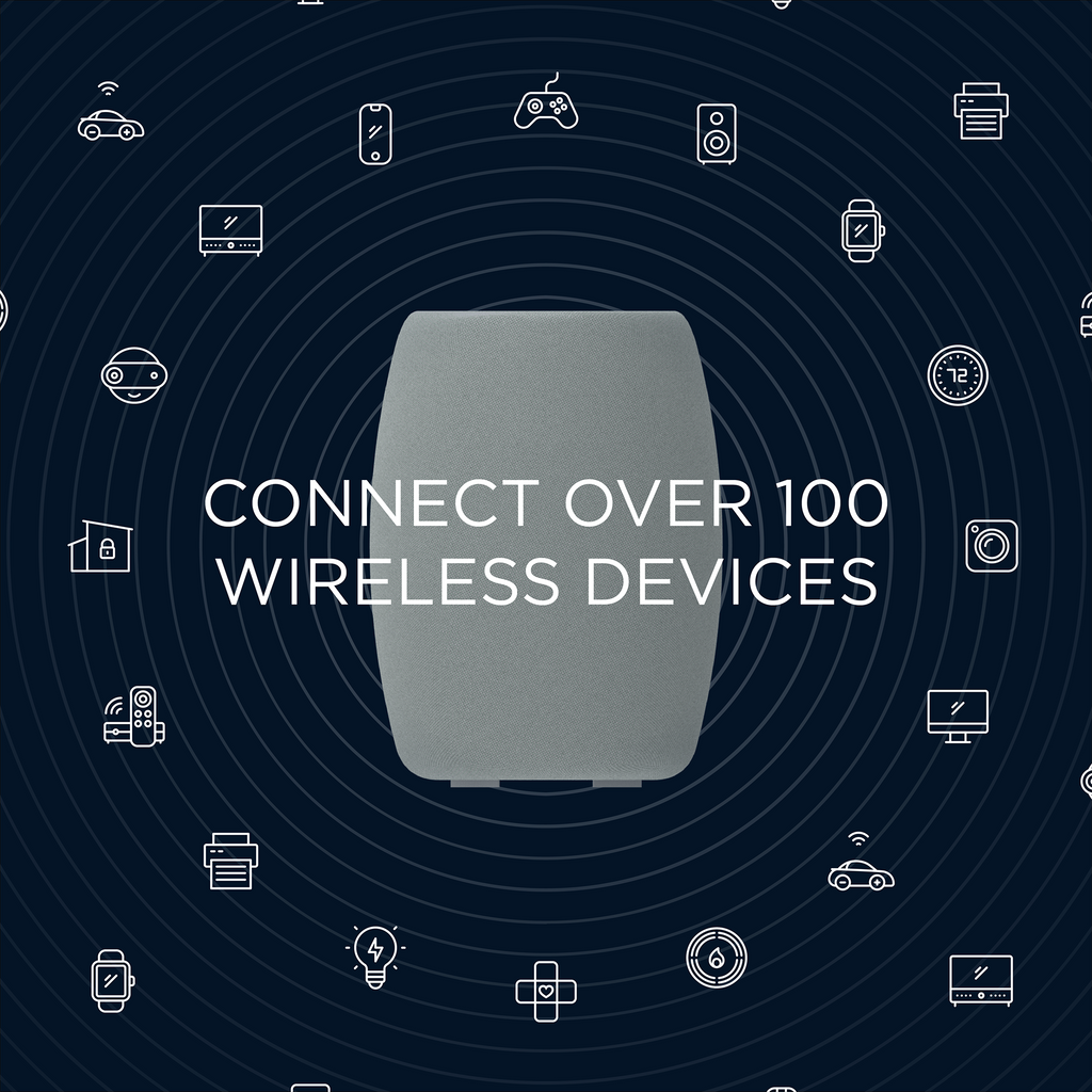 Connect over 100 wireless devices text superimposed over a Motorola Q14 mesh router/extender against a dark blue background with concentric circles and device outline icons